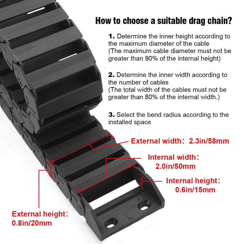 LMioEtool Pack of 2, R28 15mm x 50mm(Inner H x Inner W) Black Plastic Cable Wire Carrier Drag Chain 1M Length for CNC, with End Connectors - Bridge Type (Non-openable) - Image 3